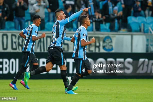 Lucas Barrios of Gremio celebrates their first goal during the match Gremio v Guarani as part of Copa Bridgestone Libertadores 2017, at Arena do...