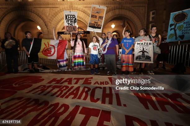 Hundreds of Native Americans and their supporters rally in front of the Trump International Hotel April 27, 2017 in Washington, DC. Organized by The...