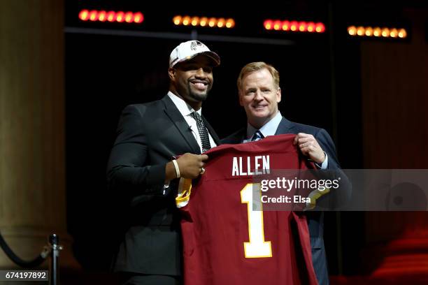 Jonathan Allen of Alabama poses with Commissioner of the National Football League Roger Goodell after being picked overall by the Washington Redskins...