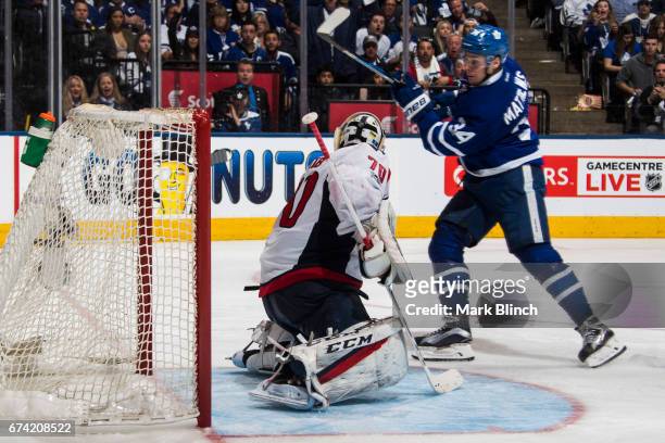 Auston Matthews of the Toronto Maple Leafs scores on Braden Holtby of the Washington Capitals during the third period in Game Six of the Eastern...