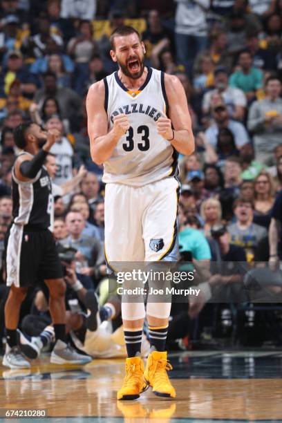 Marc Gasol of the Memphis Grizzlies celebrates during the game against the San Antonio Spurs during Game Six of the Western Conference Quarterfinals...