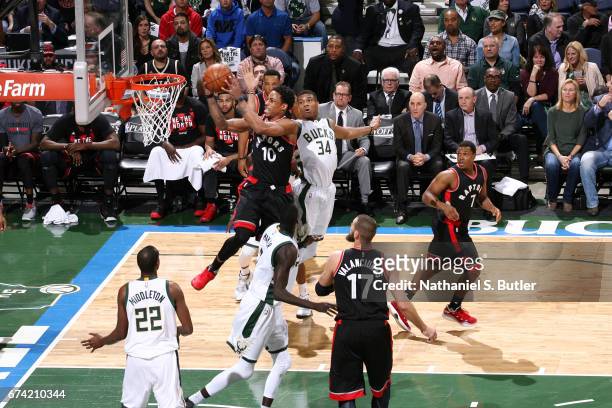 Milwaukee, WI DeMar DeRozan of the Toronto Raptors goes up for a shot against the Milwaukee Bucks during Game Six of the Eastern Conference...
