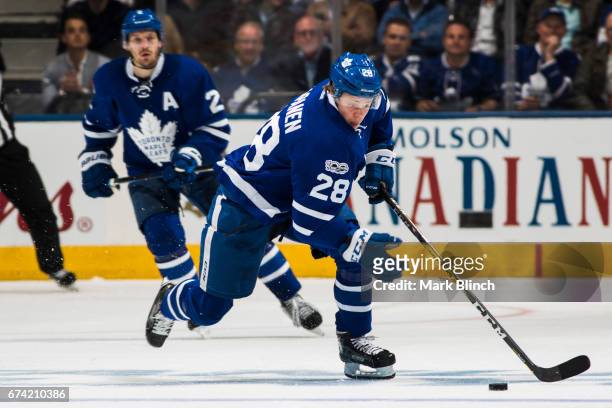 Kasperi Kapanen of the Toronto Maple Leafs skates against the Washington Capitals during the third period in Game Six of the Eastern Conference First...