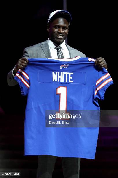 Tre'Davious White of LSU reacts after being picked overall by the Buffalo Bills during the first round of the 2017 NFL Draft at the Philadelphia...