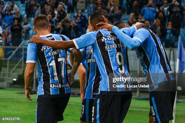 Players of Gremio celebrate their third goal during the match Gremio v Guarani as part of Copa Bridgestone Libertadores 2017, at Arena do Gremio on...