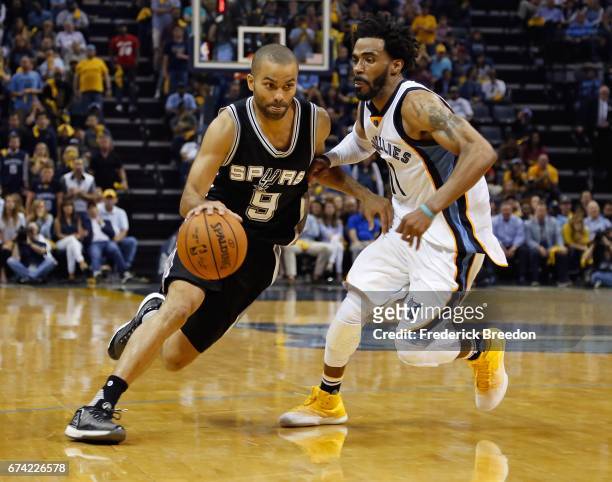 Tony Parker of the San Antonio Spurs drives past Mike Conley of the Memphis Grizzlies during the second half of a 103-96 Spurs victory in Game 6 of...