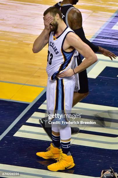 Marc Gasol of the Memphis Grizzlies reacts after receiving a foul against the San Antonio Spurs during the second half of a 103-96 Spurs victory in...