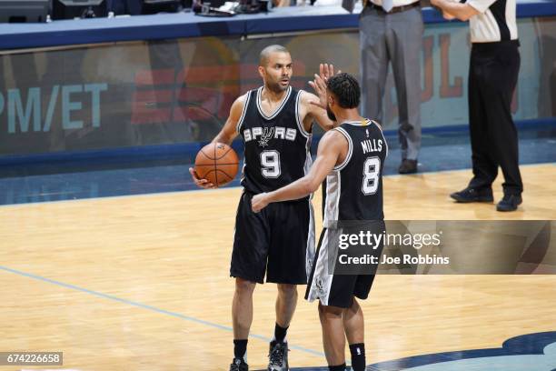 Tony Parker of the San Antonio Spurs celebrates during Game Six of the Western Conference Quarterfinals of the 2017 NBA Playoffs on April 27, 2017 at...