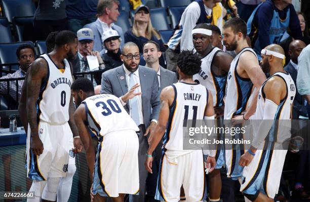 Head Coach David Fizdale of the Memphis Grizzlies gives instruction during a timeout in Game Six of the Western Conference Quarterfinals of the 2017...