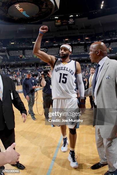 Vince Carter of the Memphis Grizzlies addresses the crowd after the game against the San Antonio Spurs after Game Six of the Western Conference...