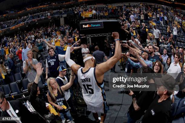 Vince Carter of the Memphis Grizzlies addresses the crowd after the game against the San Antonio Spurs after Game Six of the Western Conference...