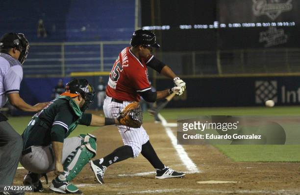 Jose de Jesús Martínez hits the ball during the match between Leones de Yucatan and Guerreros de Oaxaca as part of the Liga Mexicana de Beisbol 2017...