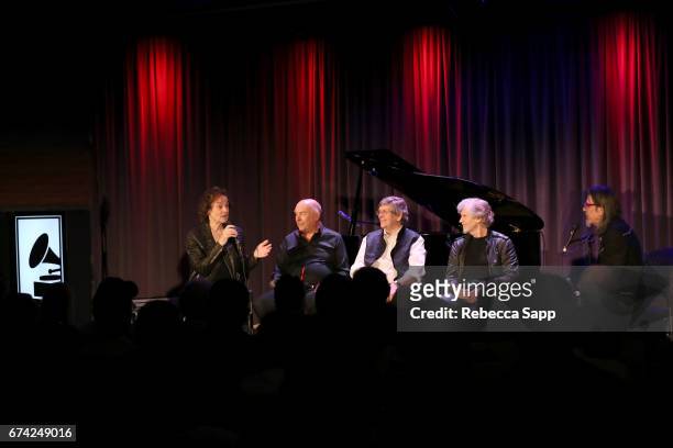 Colin Blunstone, Hugh Grundy, Chris White and Rod Argent of the Zombies speak with Executive Director of the GRAMMY Museum Scott Goldman at An...
