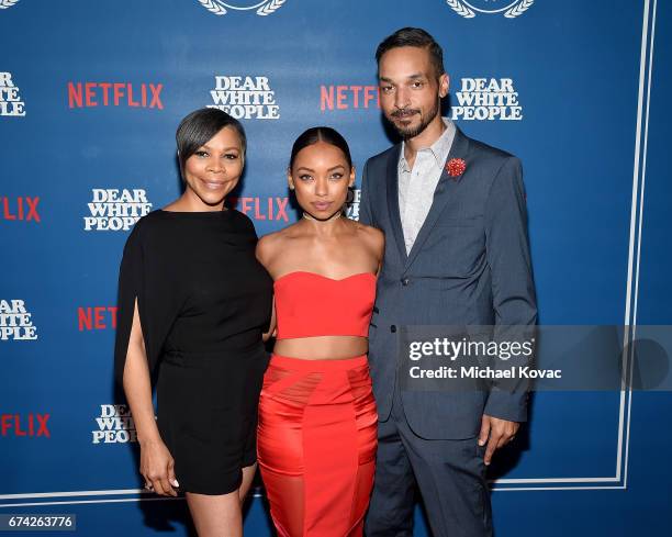 Lynda Browning, actress Logan Browning, and Kyle Browning attends the premiere of Netflix's "Dear White People" at Downtown Independent on April 27,...