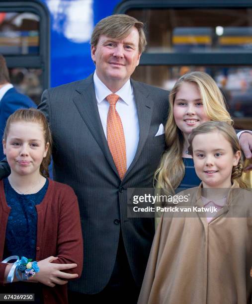 King Willem-Alexander, Princess Amalia, Princess Alexia and Princess Ariane of The Netherlands attend the King's 50th birthday during the Kingsday...