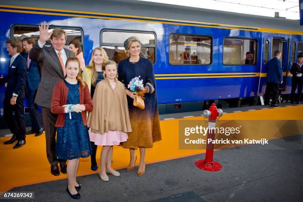 King Willem-Alexander, Queen Maxima, Princess Amalia, Princess Alexia and Princess Ariane of The Netherlands attend the King's 50th birthday during...