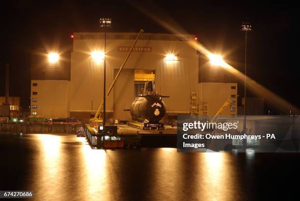 The new fourth Astute-class nuclear-powered submarine, HMS Audacious, outside its indoor ship building complex at BAE Systems, Burrow-in-Furness.