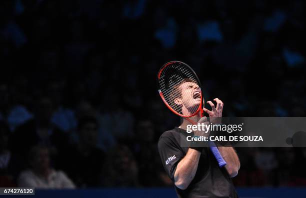 Andy Murray of Great Britain gestures as he plays against Fernando Verdasco of Spain in a Singles match during the Barclays ATP World Tour Tennis...