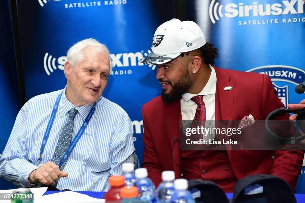 Derek Barnett of Tennessee talks with host Gil Brandt of SiriusXM NFL Radio talkshow after being picked overall by the Philadelphia Eagles during the...