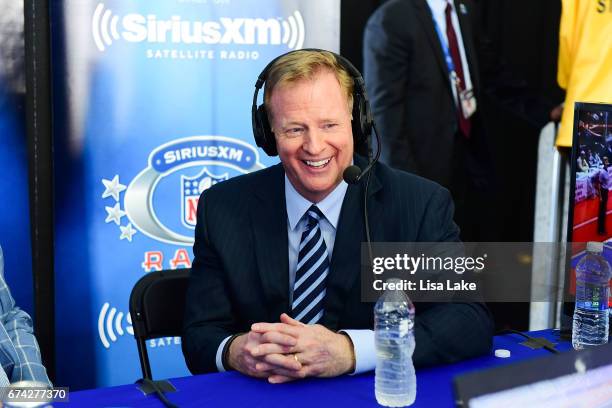 Commissioner of the National Football League, Roger Goodell visits SiriusXM NFL Radio during the first round of the 2017 NFL Draft at Philadelphia...