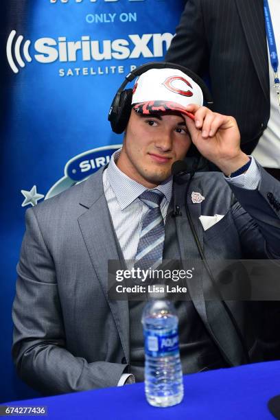 Mitchell Trubisky of North Carolina visits the SiriusXM NFL Radio talkshow after being picked overall by the Chicago Bears during the first round of...