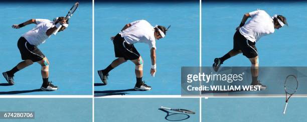 This combo shows Fernando Gonzalez of Chile throwing his racquet on the court in frustration in his game against Rafael Nadal of Spain during their...