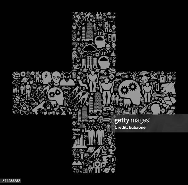 plus future and futuristic technology vector icon black background - architecture addition stock illustrations