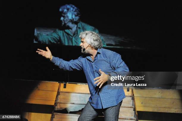 Italian comedian, blogger and political leader of the Five Stars Movement Beppe Grillo performs during one of his shows at the Teatro Goldoni on...