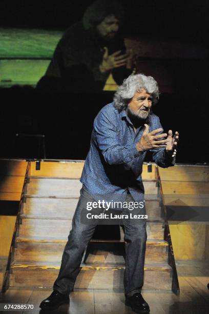 Italian comedian, blogger and political leader of the Five Stars Movement Beppe Grillo performs during one of his shows at the Teatro Goldoni on...