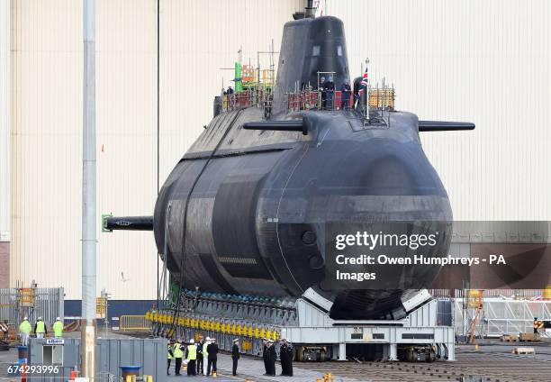 The new fourth Astute-class nuclear-powered submarine, HMS Audacious, outside its indoor ship building complex at BAE Systems, Burrow-in-Furness.
