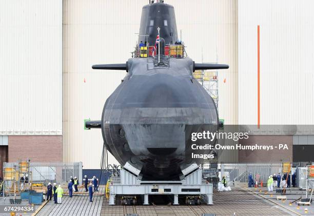 The new fourth Astute-class nuclear-powered submarine, HMS Audacious, outside its indoor ship building complex at BAE Systems, Burrow-in-Furness.