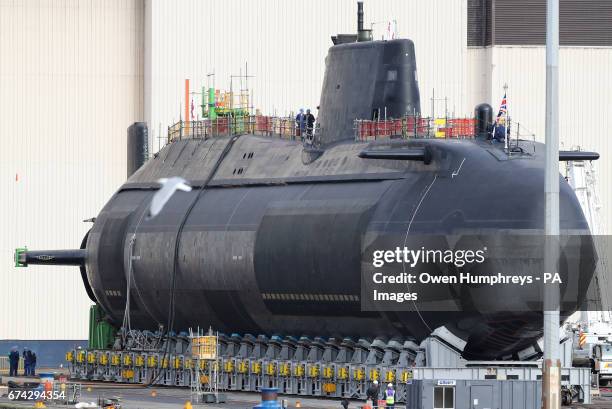 The new fourth Astute-class nuclear-powered submarine, HMS Audacious, outside its indoor ship building complex at BAE Systems, Burrow-in-Furness.