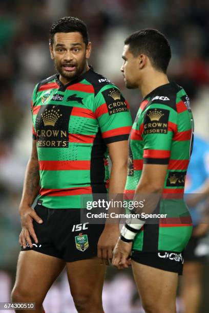 John Sutton of the Rabbitohs talks to team mate Cody Walker of the Rabbitohs during the round nine NRL match between the South Sydney Rabbitohs and...