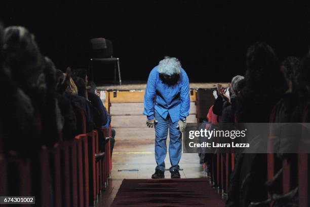 Italian comedian, blogger and political leader of the Five Stars Movement Beppe Grillo performs during one of his shows at the Teatro Goldoni on...