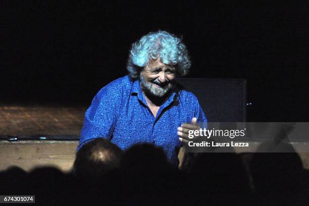 Italian comedian, blogger and political leader of the Five Stars Movement Beppe Grillo performs during one of his shows at the Teatro Goldoni on...