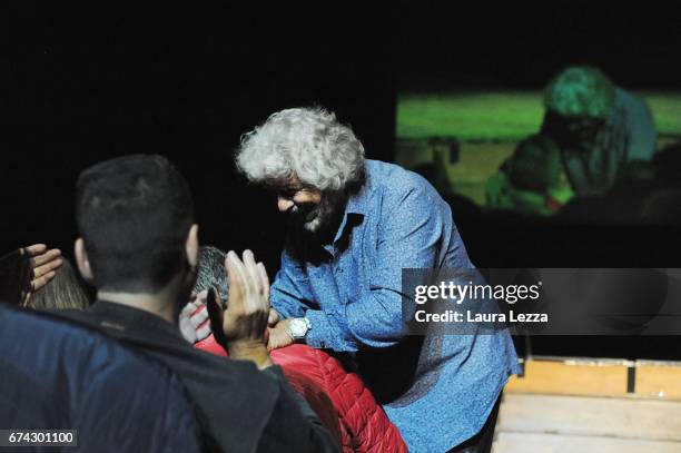 Italian comedian, blogger and political leader of the Five Stars Movement Beppe Grillo performs during one of his shows at the Teatro Goldoni on...