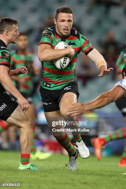Sam Burgess of the Rabbitohs runs the ball during the round nine NRL match between the South Sydney Rabbitohs and the Manly Sea Eagles at Allianz...