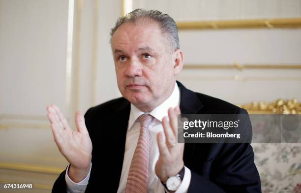 Andrej Kiska, Slovakia's president, gestures as he speaks during an interview at his office in Bratislava, Slovakia, on Thursday, April 27, 2017....