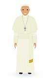 Pope character isolated on a white background. Supreme catholic priest stand alone in cassock. Religion people concept.