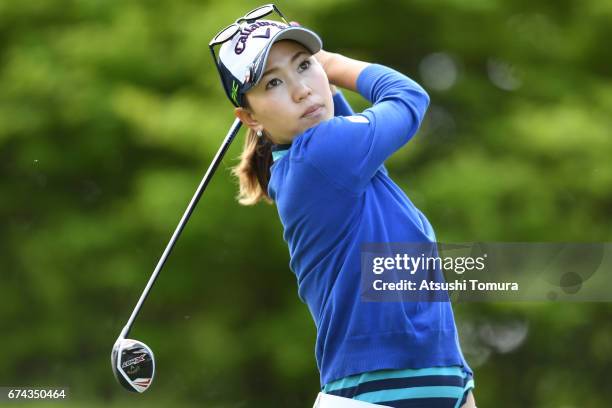 Momoko Ueda of Japan hits her tee shot on the 2nd hole during the first round of the CyberAgent Ladies Golf Tournament at the Grand Fields Country...