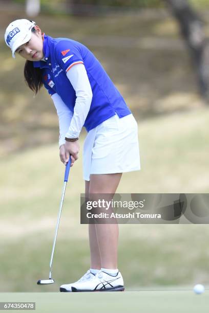 Rie Tsuji of Japan putts on the 1st hole during the first round of the CyberAgent Ladies Golf Tournament at the Grand Fields Country Club on April...