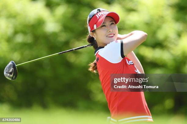 Ha-Neul Kim of South Korea hits her tee shot on the 2nd hole during the first round of the CyberAgent Ladies Golf Tournament at the Grand Fields...