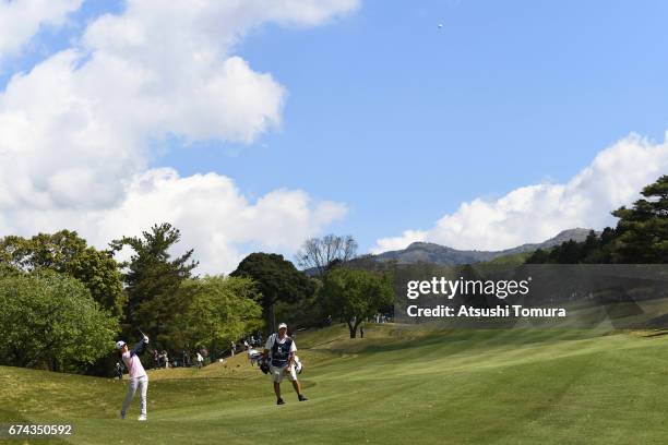 Sakura Yokomine of Japan hits her second shot on the 1st hole during the first round of the CyberAgent Ladies Golf Tournament at the Grand Fields...