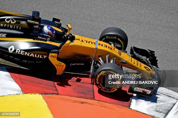 Renault's Russian reserve driver Sergey Sirotkin steers his car during the first practice session of the Formula One Russian Grand Prix at the Sochi...