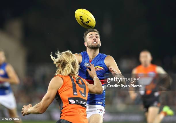 Matt Suckling of the Bulldogs competes for the ball during the round six AFL match between the Greater Western Sydney Giants and the Western Bulldogs...