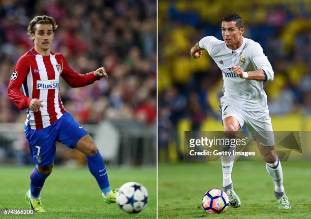 In this composite image a comparision has been made between Antoine Griezmann of Atletico Madrid and Cristiano Ronaldo of Real Madrid CF. Real Madrid...
