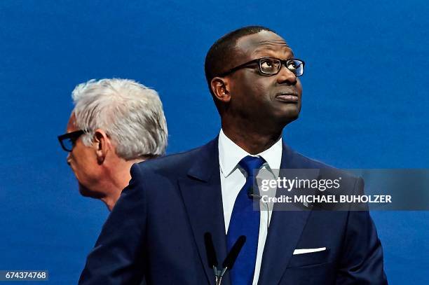 Credit Suisse CEO Tidjane Thiam and chairman Urs Rohner attend the annual shareholders' meeting of the Swiss banking group on April 28, 2017 in...