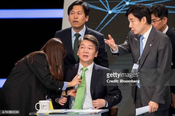 Ahn Cheol-soo, presidential candidate of the People's Party, prepares for a televised presidential debate in Seoul, South Korea, on Friday, April 28,...