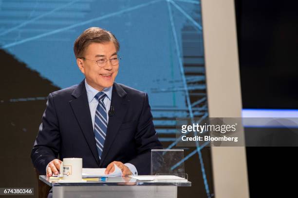 Moon Jae-in, presidential candidate of the Democratic Party of Korea, attends a televised presidential debate in Seoul, South Korea, on Friday, April...