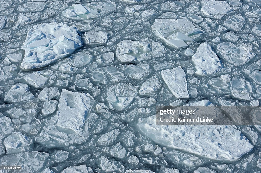 Broken pack ice and reassembled frozen ice floes